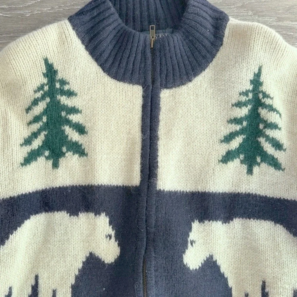 Vintage Lands End Wool Cardigan Sweater Men's Full Zip Knit Polar Bear Pine Tree